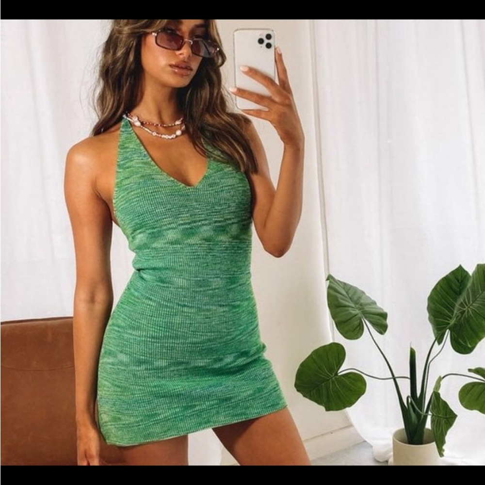 Beginning Boutique Green Ruched Halter Mini Dress
